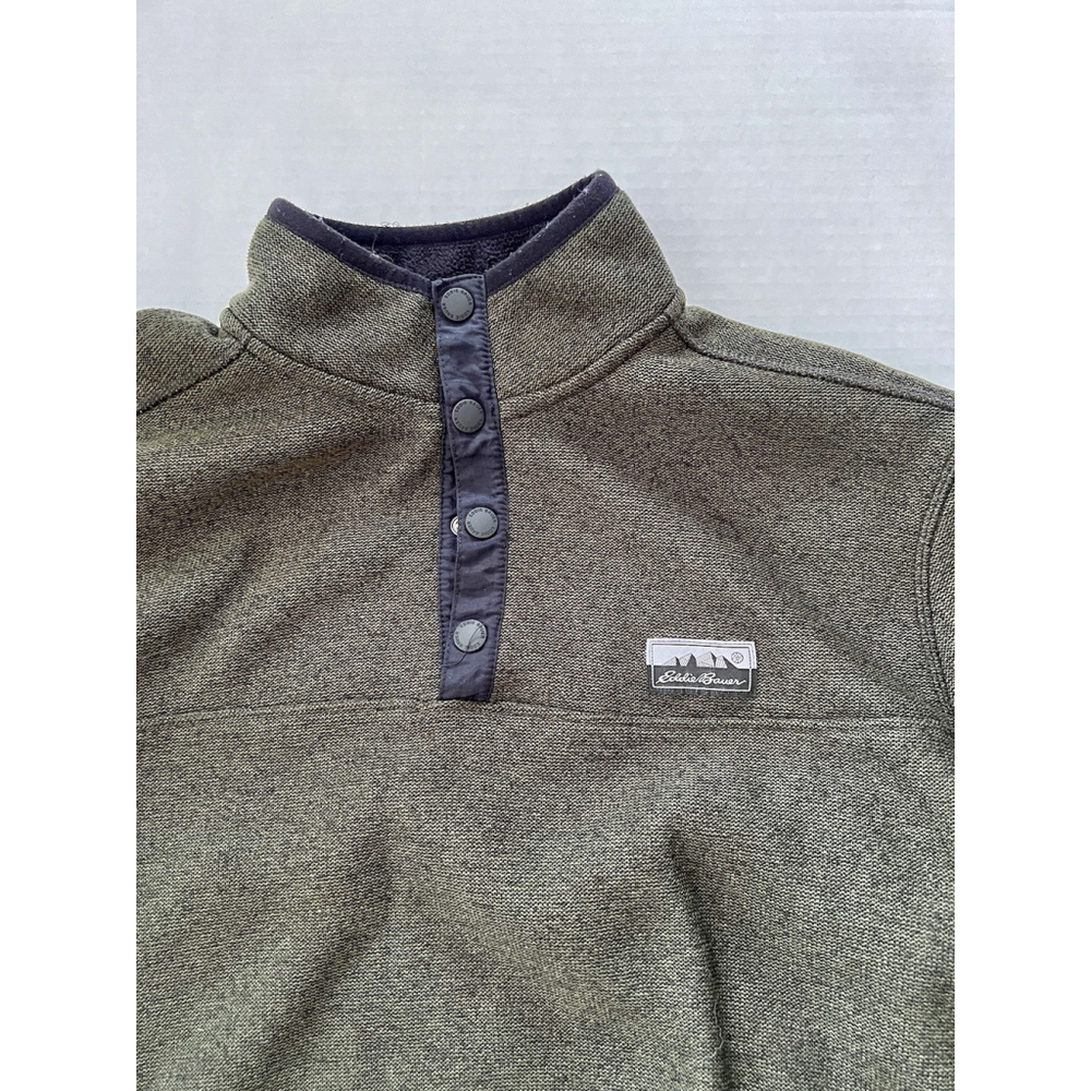 Mens EDDIE BAUER Knit Fleece Sweater 1/4 Button Pullover Hthr Green Small - Picture 3 of 8